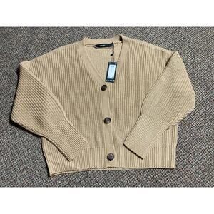 Vera Moda VMLEA Long-sleeve Button-Up V-neck Cuff Cardigan Tan Womens XL NWT